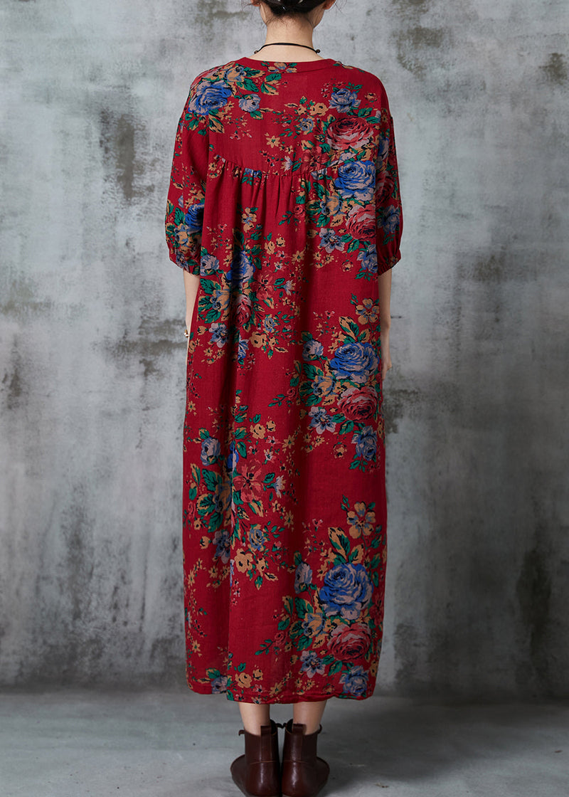 Red Oversized Print Cotton Long Dress Summer