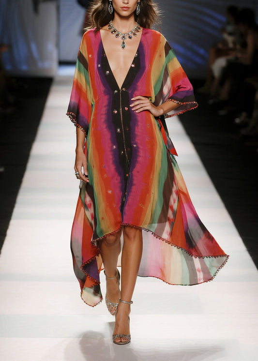 Red Oversized Tie Dye Draping Chiffon Vacation Dresses Summer