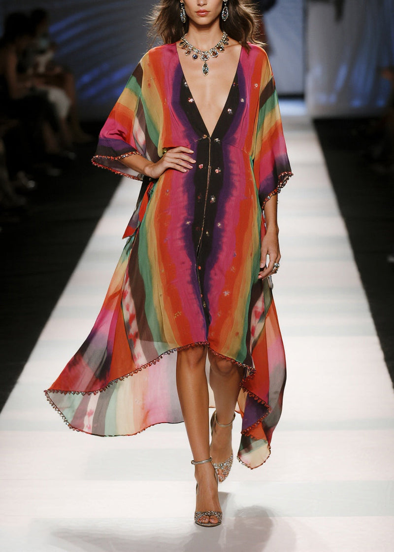 Red Oversized Tie Dye Draping Chiffon Vacation Dresses Summer