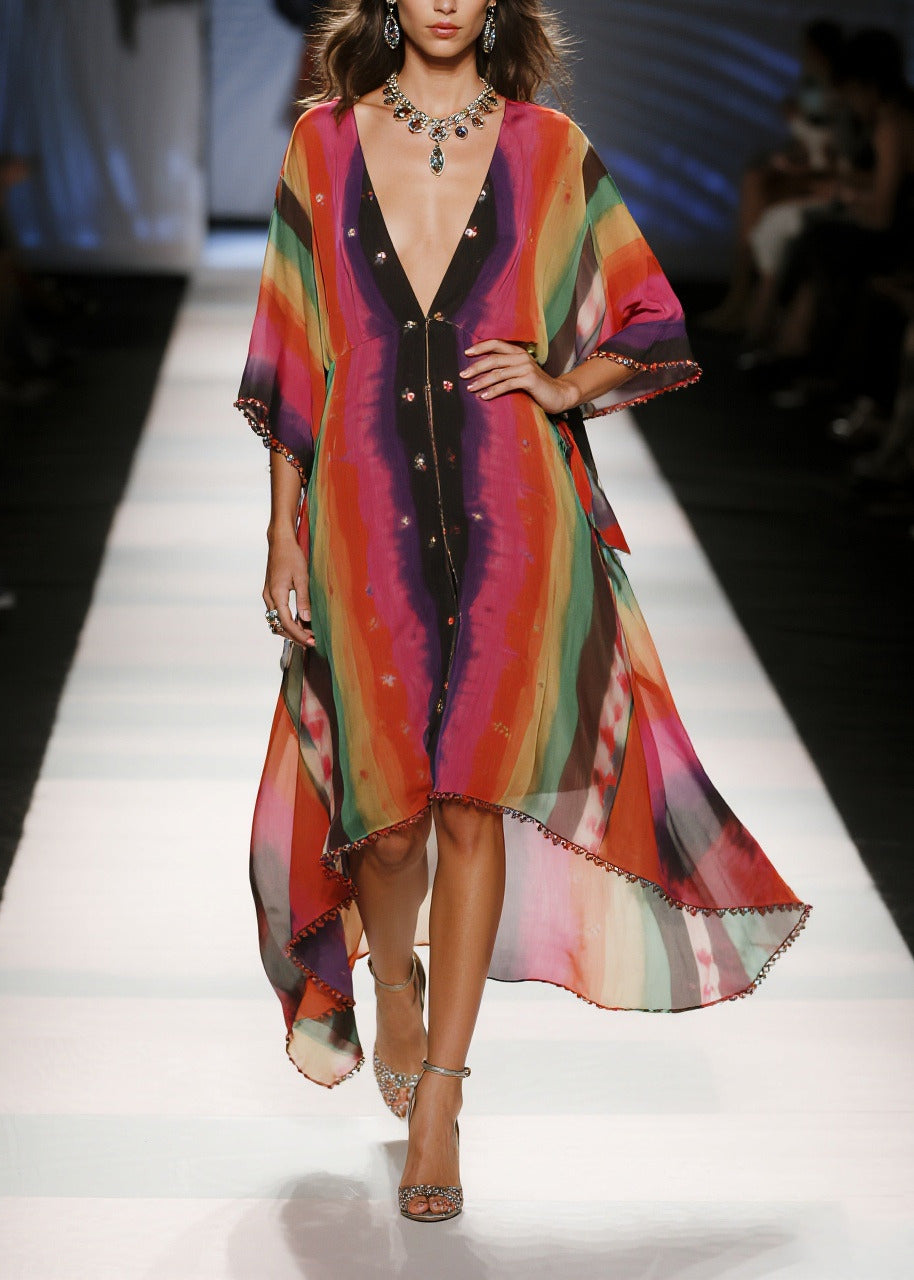 Red Oversized Tie Dye Draping Chiffon Vacation Dresses Summer