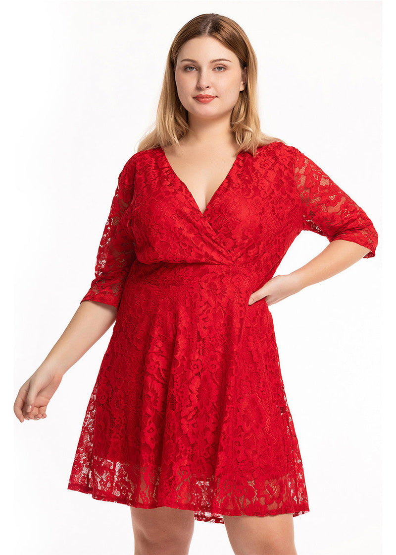 Red Patchwork Lace Mid Dresses Half Sleeve