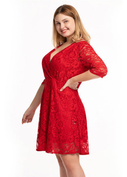 Red Patchwork Lace Mid Dresses Half Sleeve
