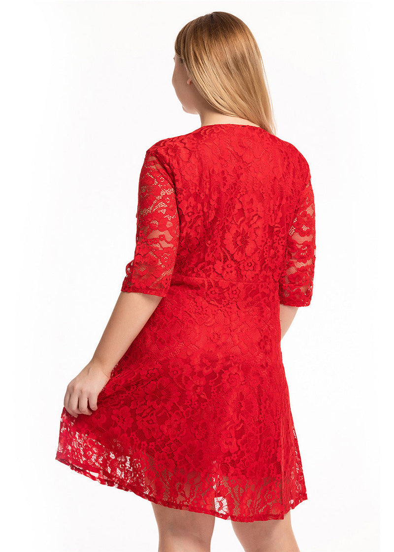 Red Patchwork Lace Mid Dresses Half Sleeve