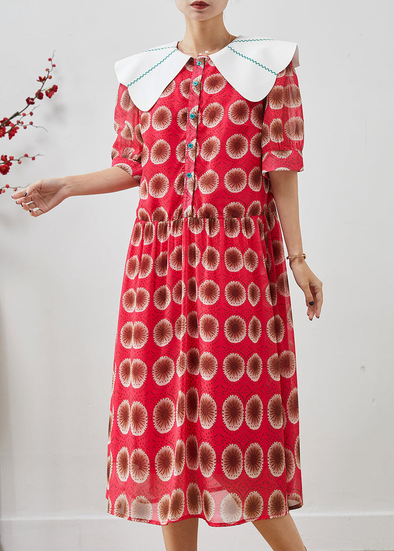 Red Peter Pan Collar Print Chiffon Long Dress Summer