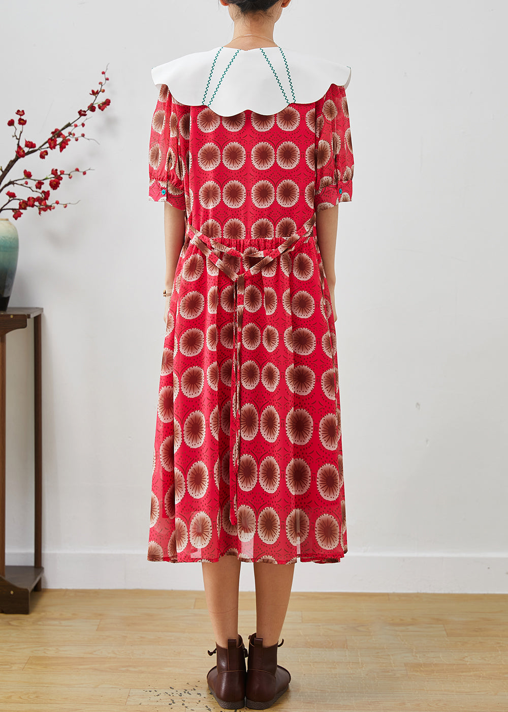 Red Peter Pan Collar Print Chiffon Long Dress Summer