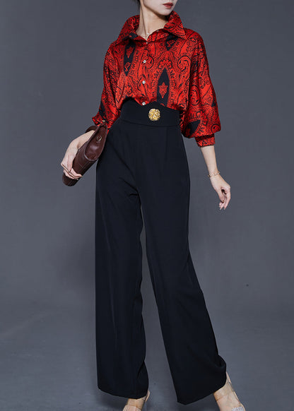 Red Peter Pan Collar Print Silk Two Pieces Set Spring