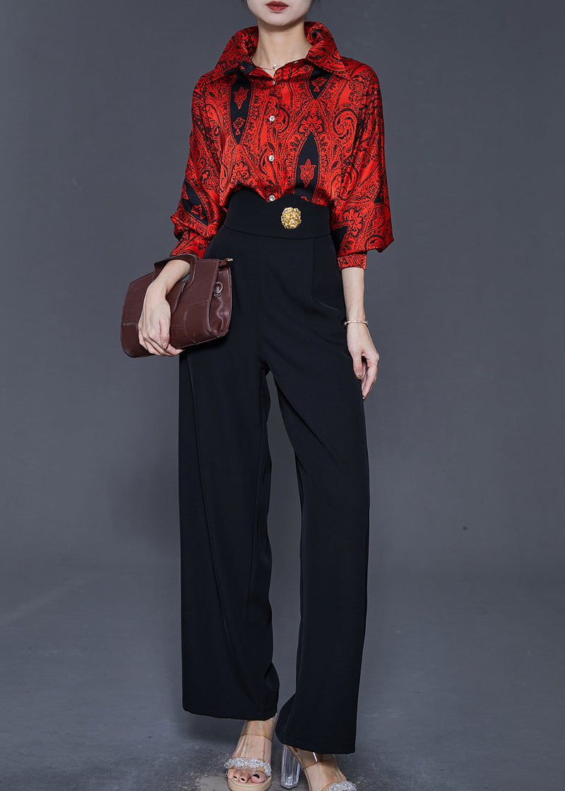 Red Peter Pan Collar Print Silk Two Pieces Set Spring