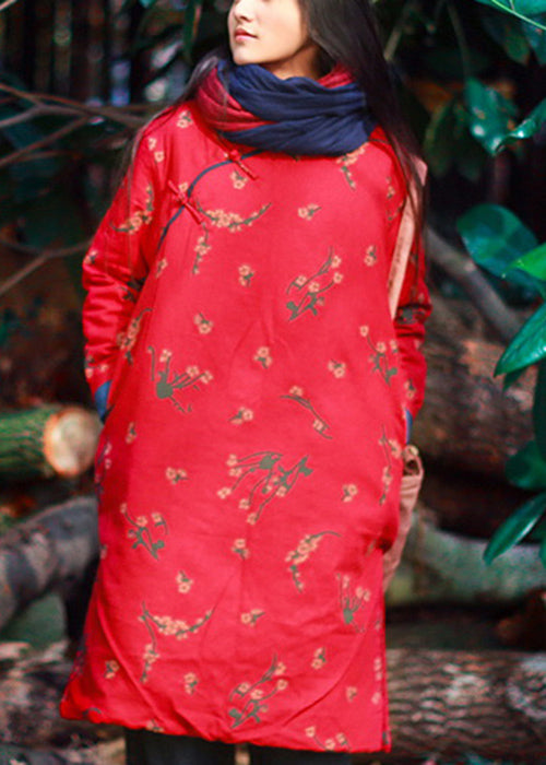 Red Print Button Pockets Cotton Filled Mid Dress Winter