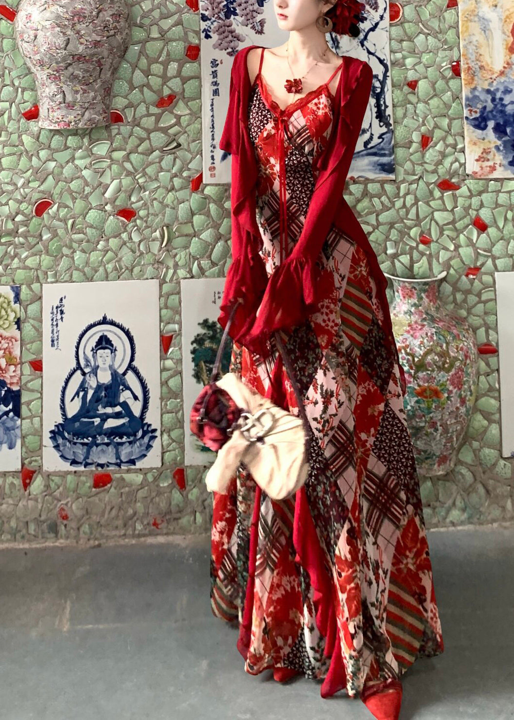 Red Print Exra Large Hem Chiffon Spaghetti Strap Dress Summer