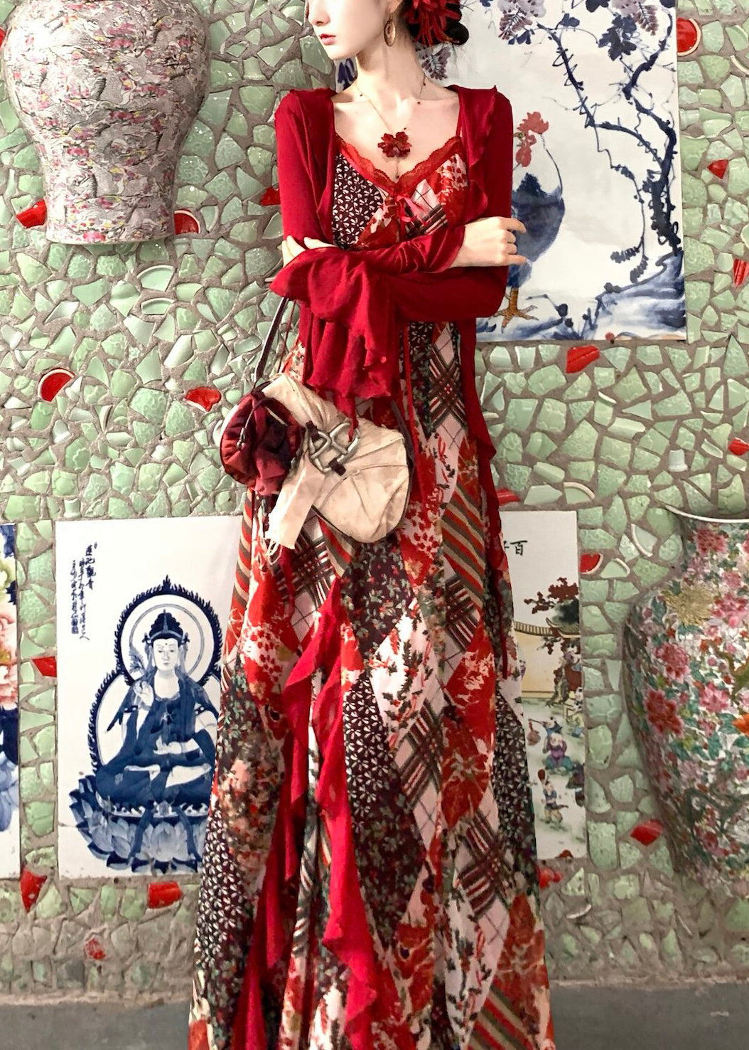 Red Print Exra Large Hem Chiffon Spaghetti Strap Dress Summer