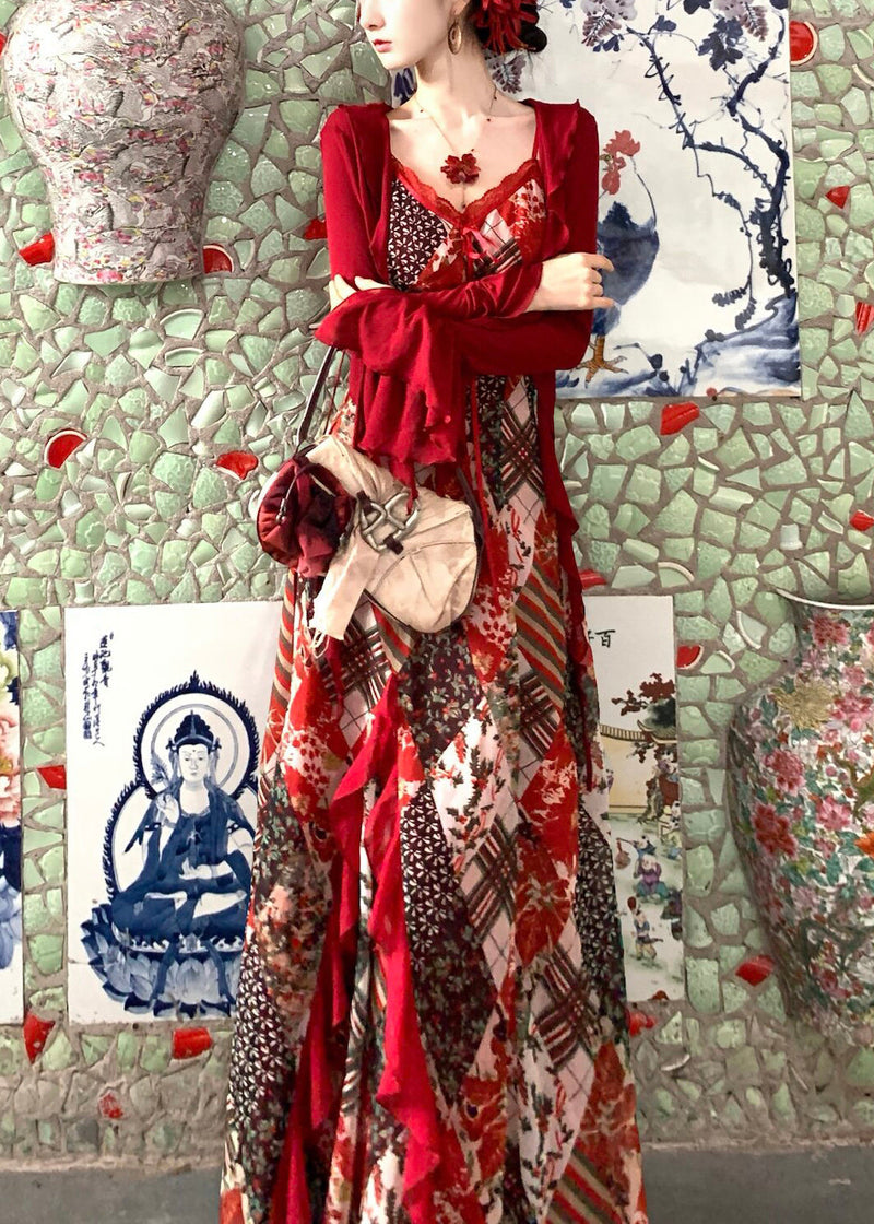Red Print Exra Large Hem Chiffon Spaghetti Strap Dress Summer
