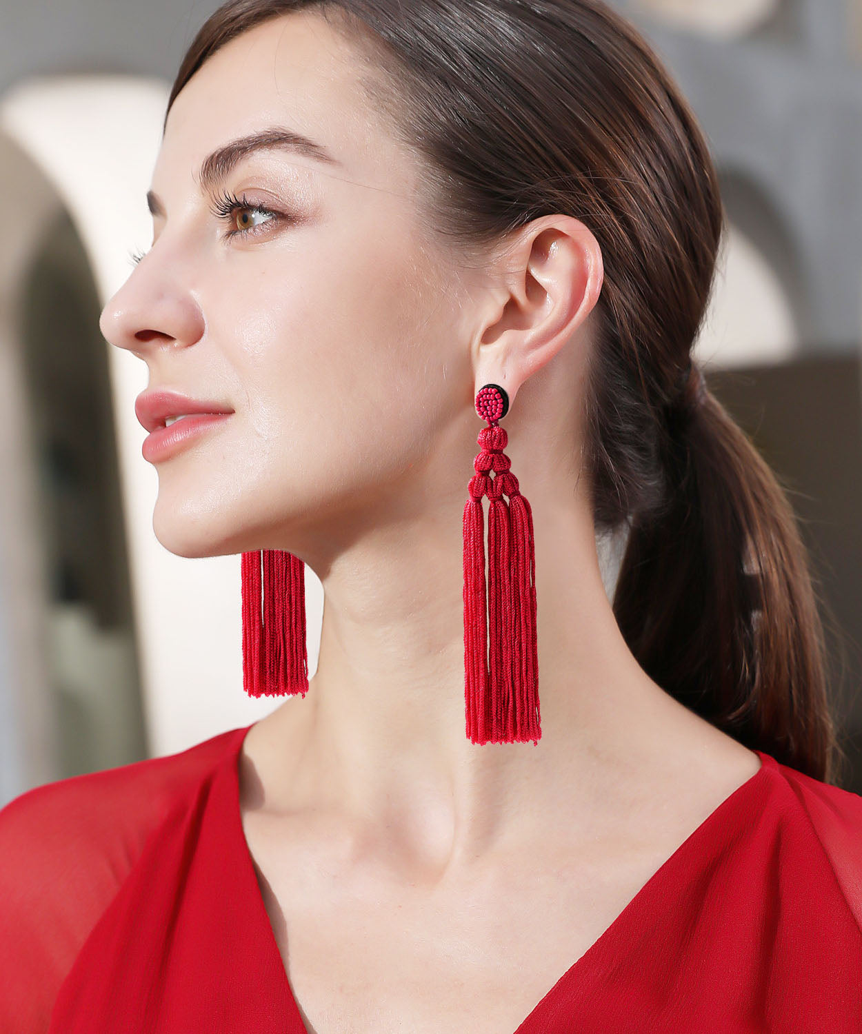 Red Rice Ball Knit Fabric Silk Cotton Tassel Drop Earrings