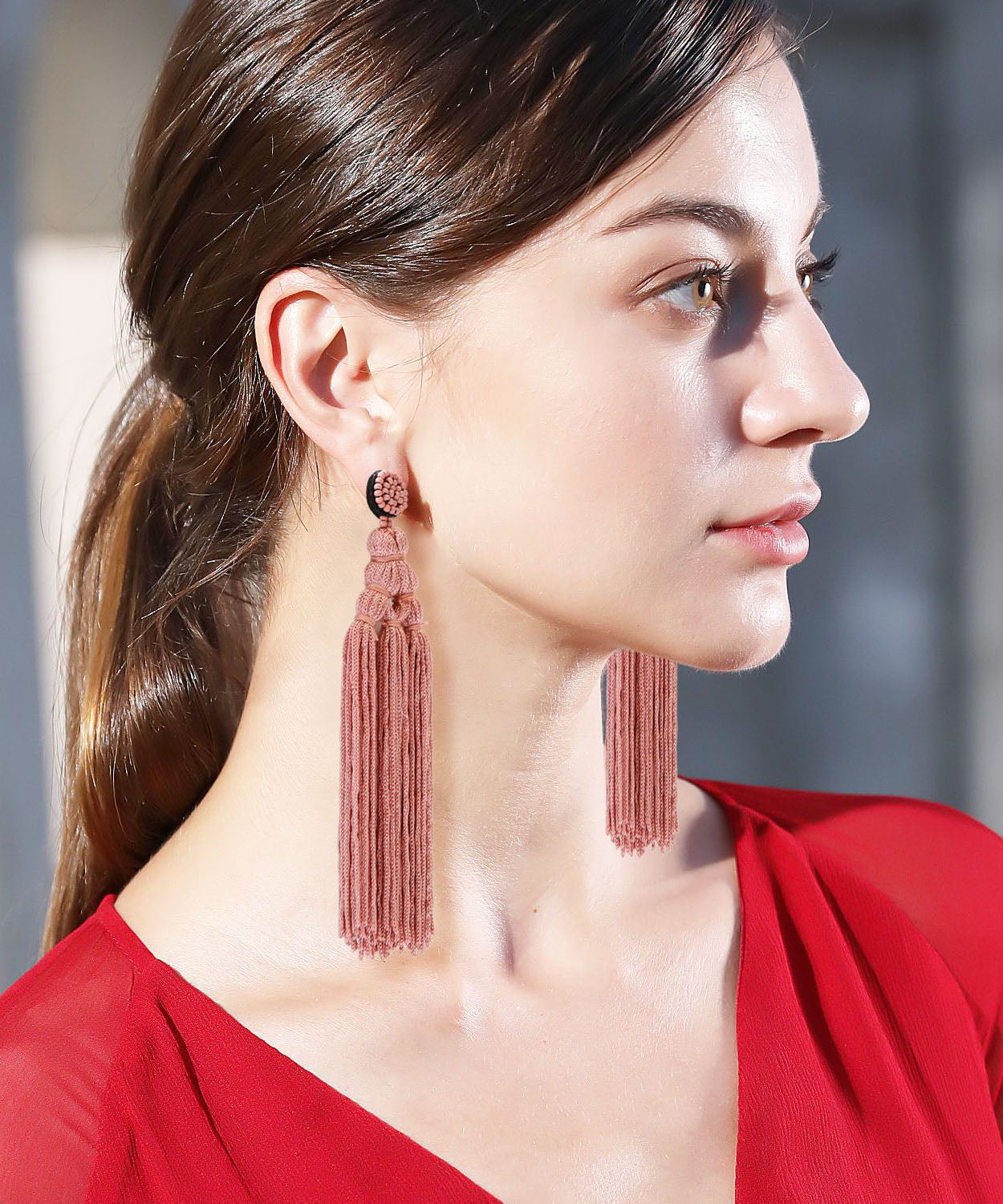Red Rice Ball Knit Fabric Silk Cotton Tassel Drop Earrings