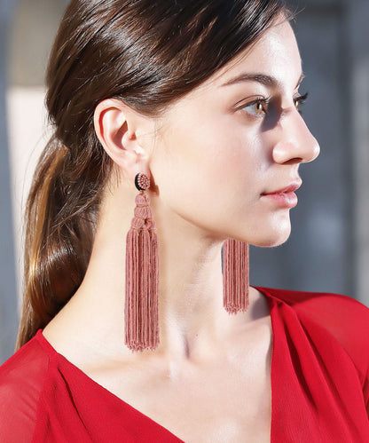 Red Rice Ball Knit Fabric Silk Cotton Tassel Drop Earrings