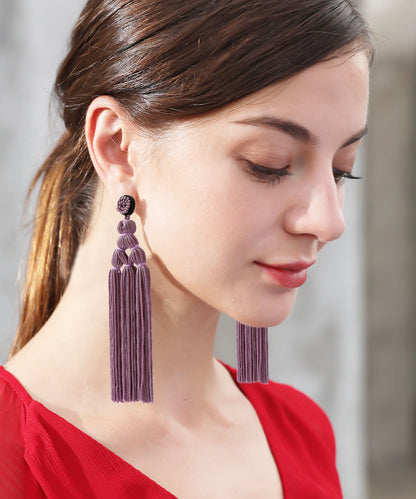 Red Rice Ball Knit Fabric Silk Cotton Tassel Drop Earrings