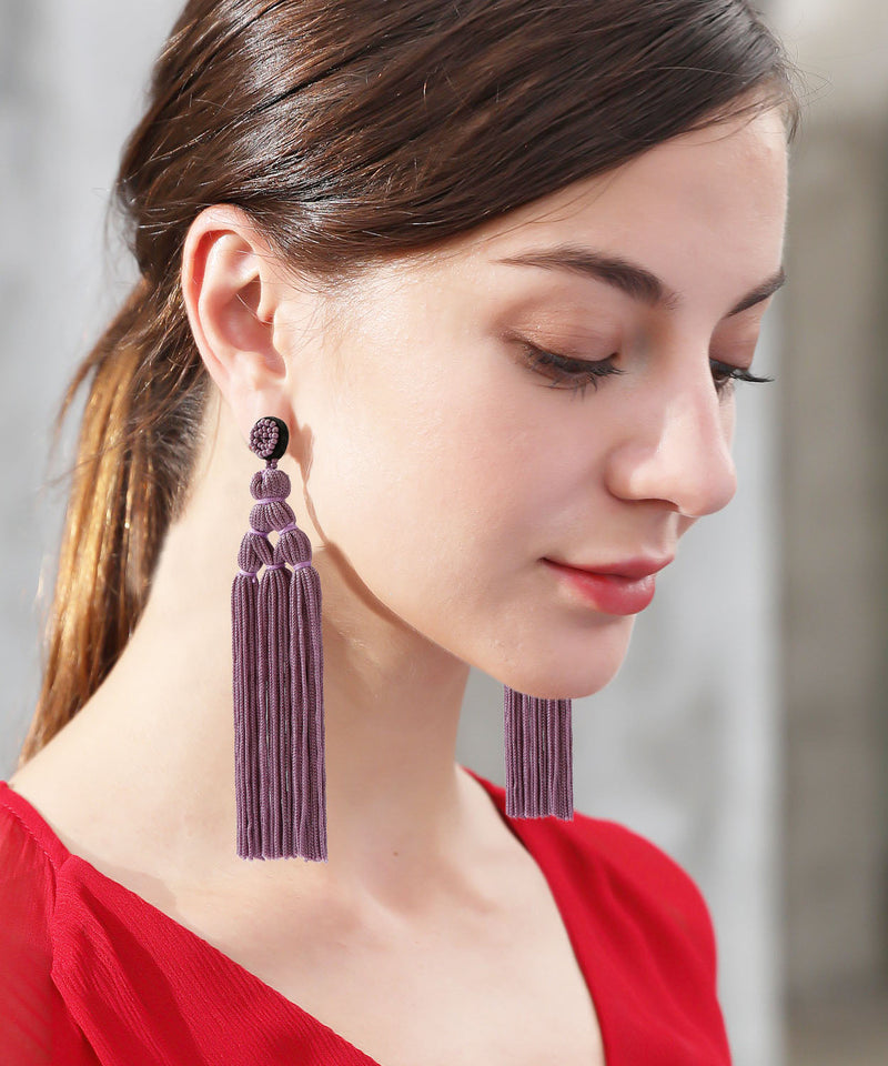 Red Rice Ball Knit Fabric Silk Cotton Tassel Drop Earrings