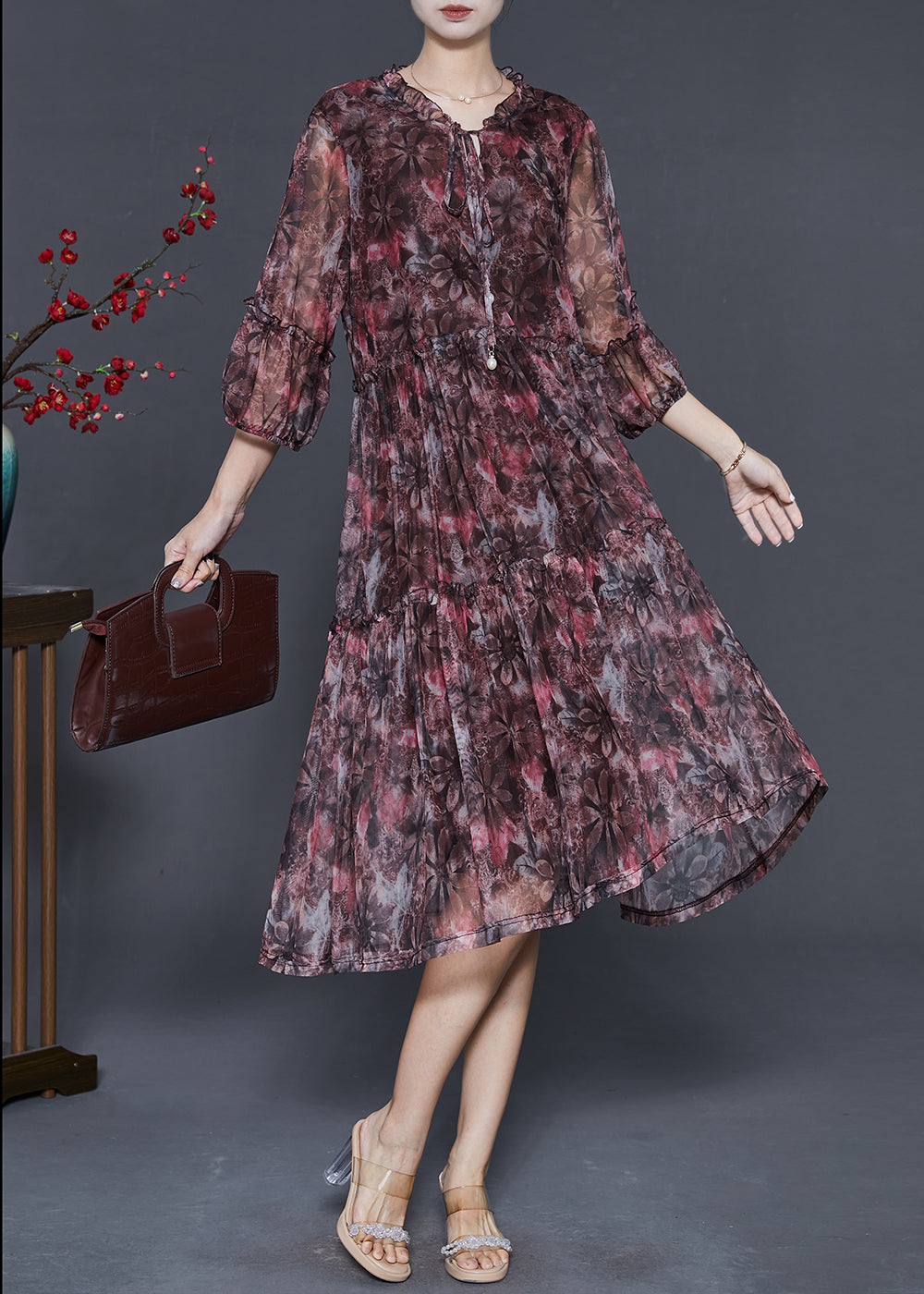 Red Ruffled Print Chiffon Vacation Dresses Summer