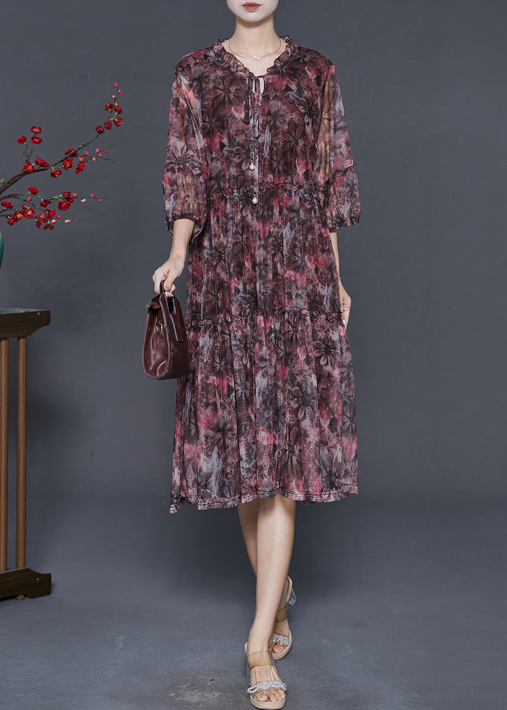 Red Ruffled Print Chiffon Vacation Dresses Summer