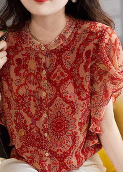 Red Ruffled Print Patchwork Silk Shirt Tops Summer
