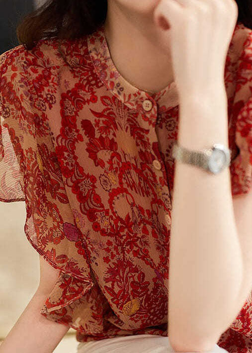 Red Ruffled Print Patchwork Silk Shirt Tops Summer