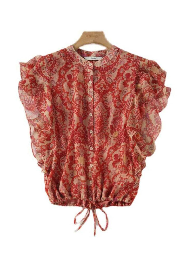 Red Ruffled Print Patchwork Silk Shirt Tops Summer