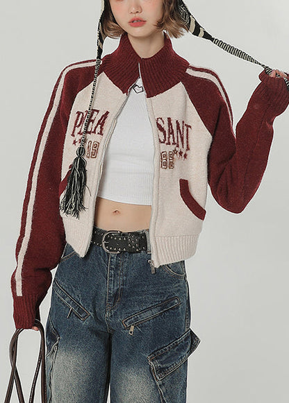 Red Stand Collar Patchwork Knit Loose Coat Winter