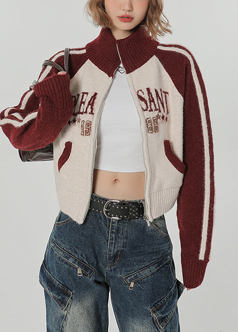 Red Stand Collar Patchwork Knit Loose Coat Winter