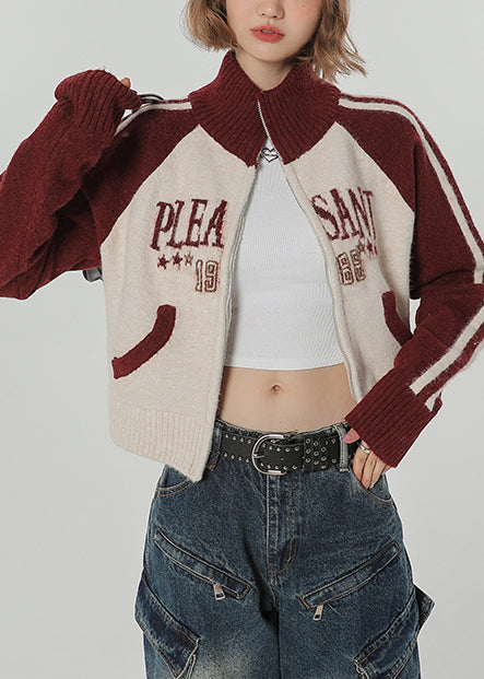 Red Stand Collar Patchwork Knit Loose Coat Winter