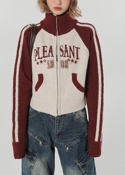 Red Stand Collar Patchwork Knit Loose Coat Winter