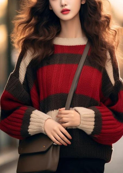 Red Striped Cozy Patchwork Knit Sweater Spring