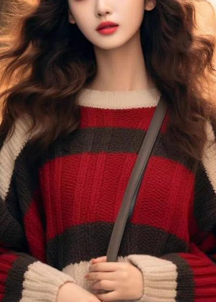 Red Striped Cozy Patchwork Knit Sweater Spring
