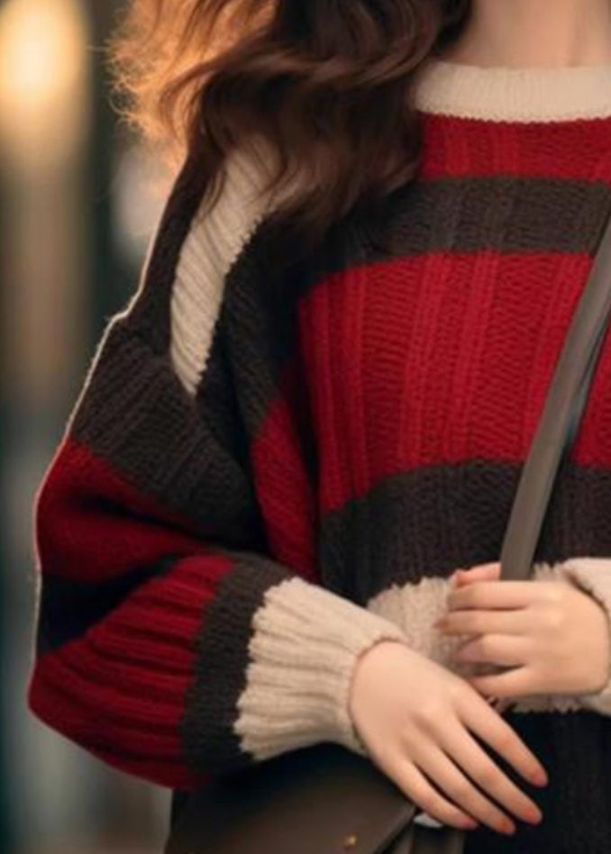 Red Striped Cozy Patchwork Knit Sweater Spring