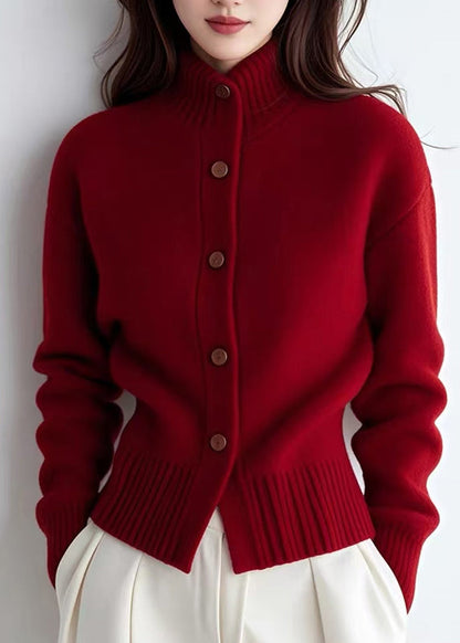 Red Turtleneck Patchwork Cotton Knit Cardigans Spring
