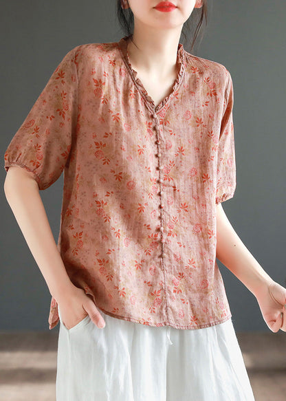 Red V Neck Button Linen Top Short Sleeve