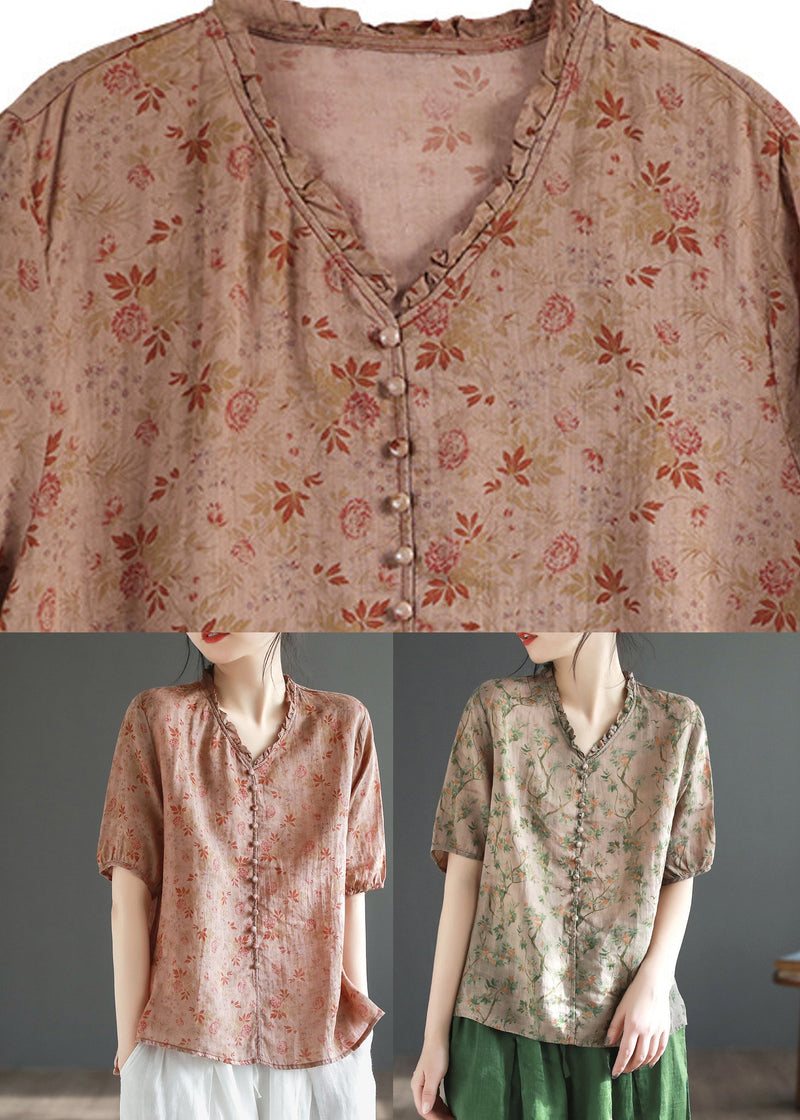 Red V Neck Button Linen Top Short Sleeve