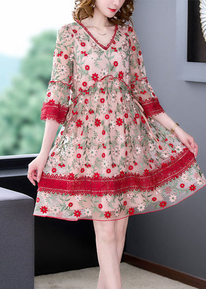 Red V Neck Embroideried Lace Patchwork Tulle Maxi Dresses Summer