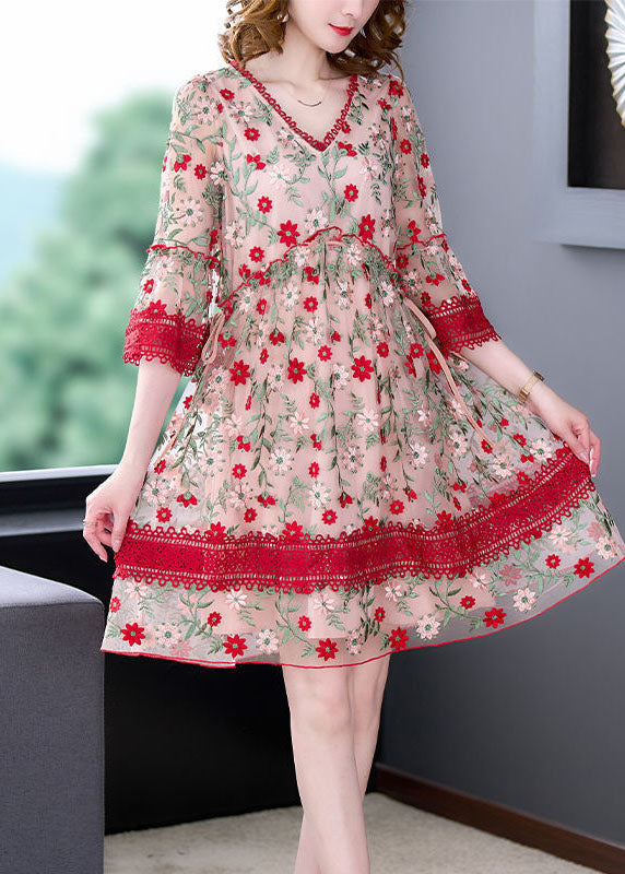 Red V Neck Embroideried Lace Patchwork Tulle Maxi Dresses Summer