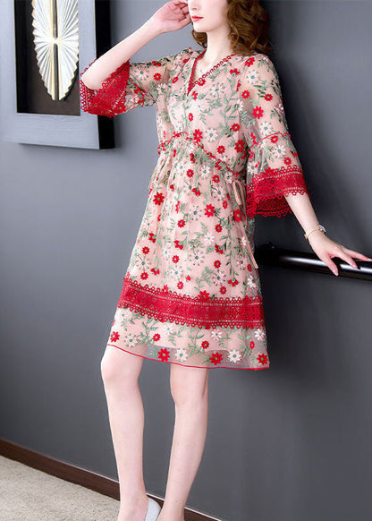 Red V Neck Embroideried Lace Patchwork Tulle Maxi Dresses Summer