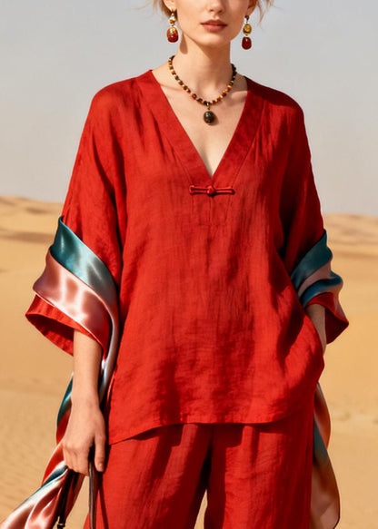 Red V Neck Patchwork Shawl Chinese Button Cotton Two Pieces Set Spring