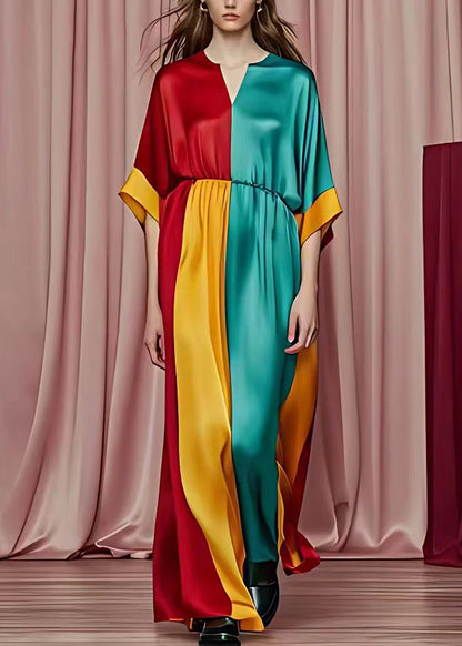 Red V Neck Patchwork Silk Maxi Dresses Half Sleeve