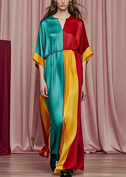 Red V Neck Patchwork Silk Maxi Dresses Half Sleeve