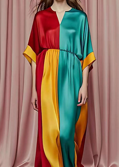 Red V Neck Patchwork Silk Maxi Dresses Half Sleeve