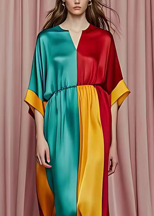 Red V Neck Patchwork Silk Maxi Dresses Half Sleeve