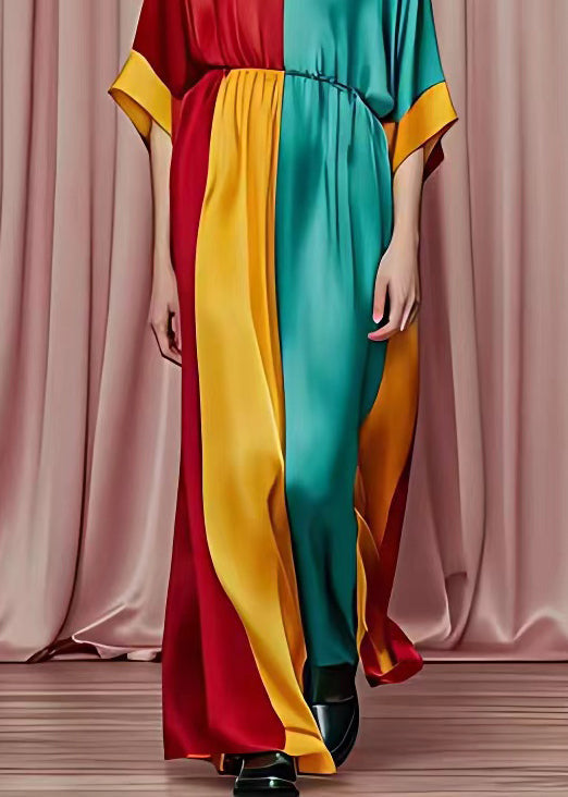Red V Neck Patchwork Silk Maxi Dresses Half Sleeve