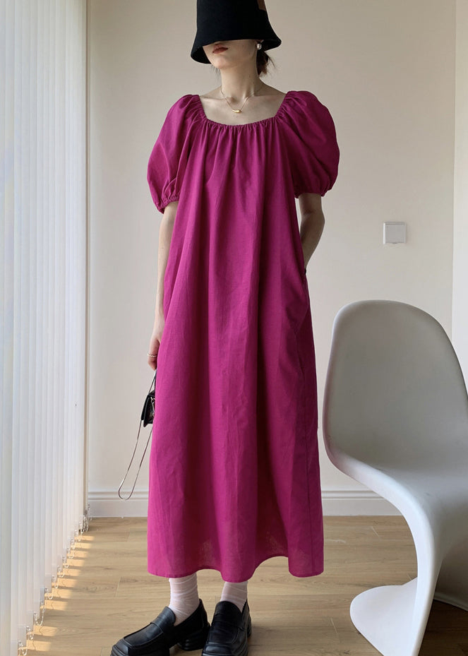 Rose Backless Patchwork Cotton Long Dresses Puff Sleeve