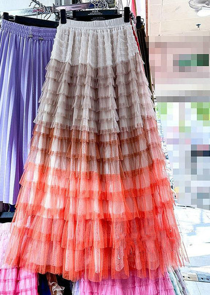 Rose Gradient Color Wrinkled Elastic Waist Tulle Skirt Summer