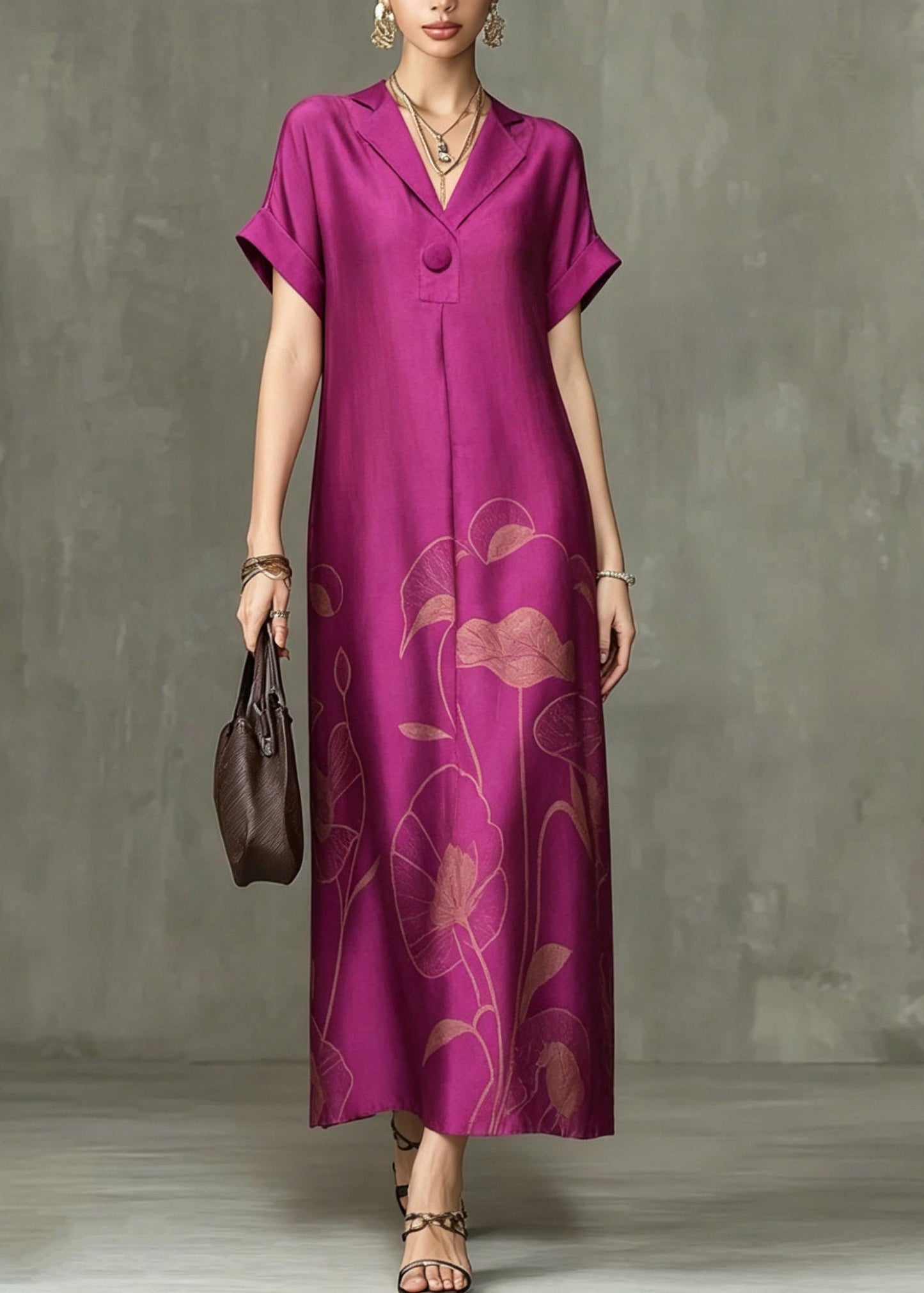 Rose Notched Print Maxi Dresses Summer