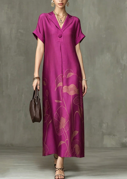 Rose Notched Print Maxi Dresses Summer