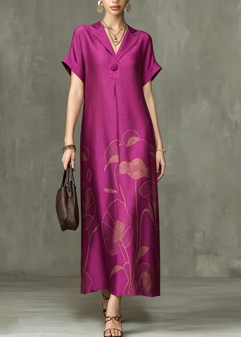 Rose Notched Print Maxi Dresses Summer