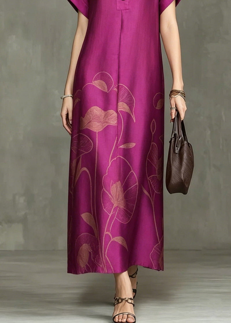Rose Notched Print Maxi Dresses Summer